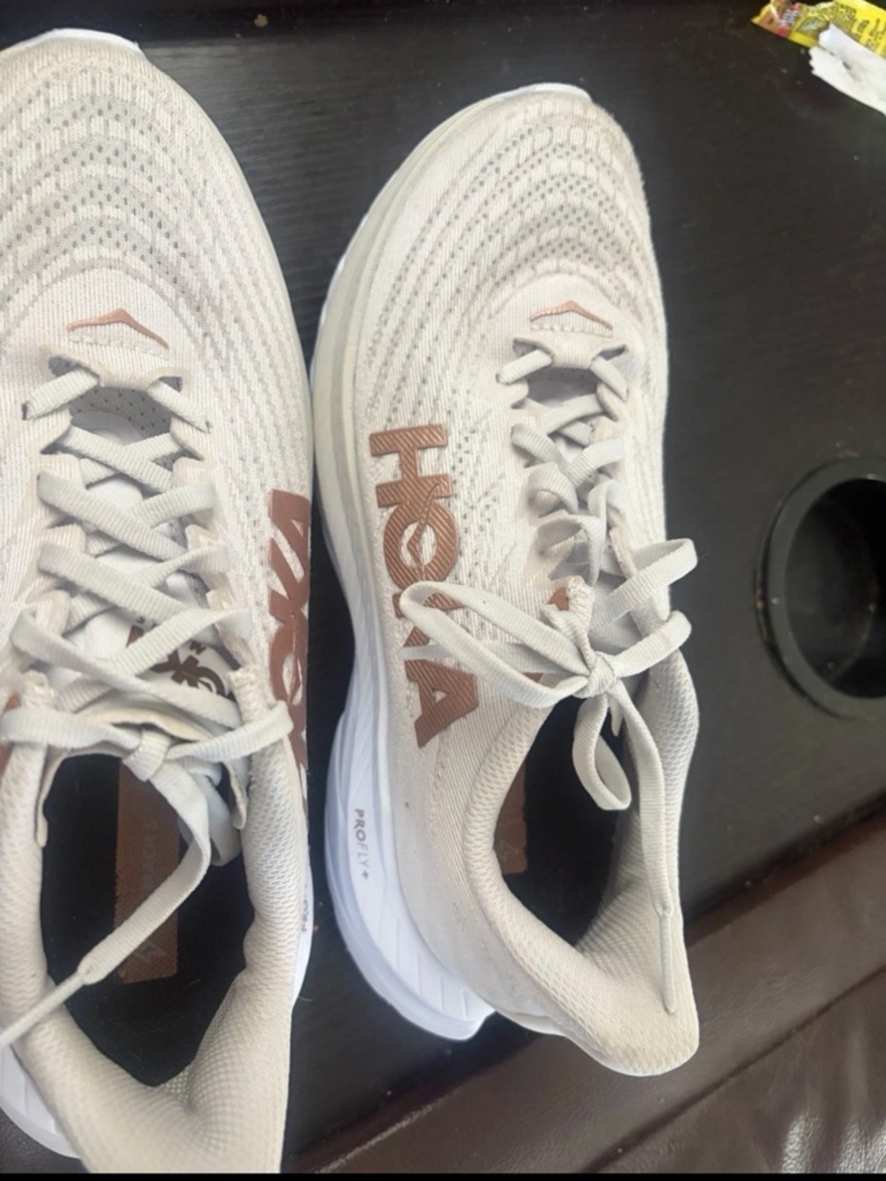 Hoka White Knit Sneakers with Tan Logo Accent